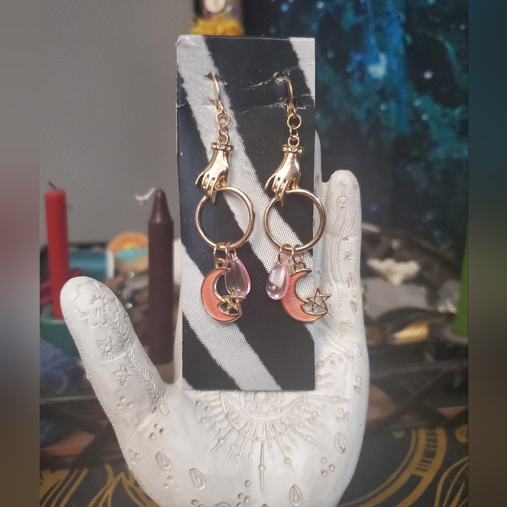 Handmade Hypoallergenic Gold Hand and Pink Celestial Earrings